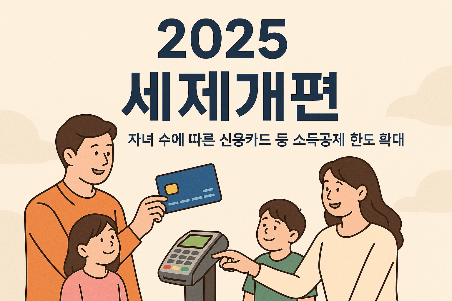 2025 세제개편 – 자녀 수에 따른 신용카드 등 소득공제 한도 확대를 알리는 따뜻한 가족 일러스트