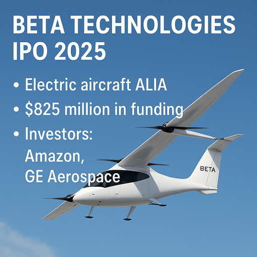 Futuristic ALIA electric aircraft flying under clear blue sky with text 'BETA Technologies IPO 2025' highlighting Amazon and GE Aerospace as investors.
