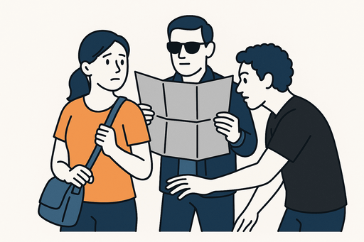 지도나 종이로 여행자의 시야를 가리는 전형적 소매치기 수법 일러스트