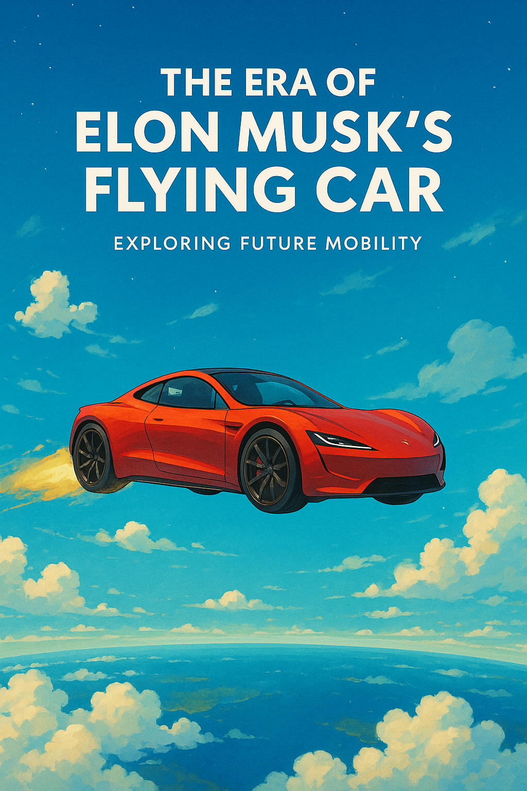 “Concept art of Elon Musk’s flying Tesla Roadster soaring above the clouds under a bright blue sky, symbolizing the future of mobility.”