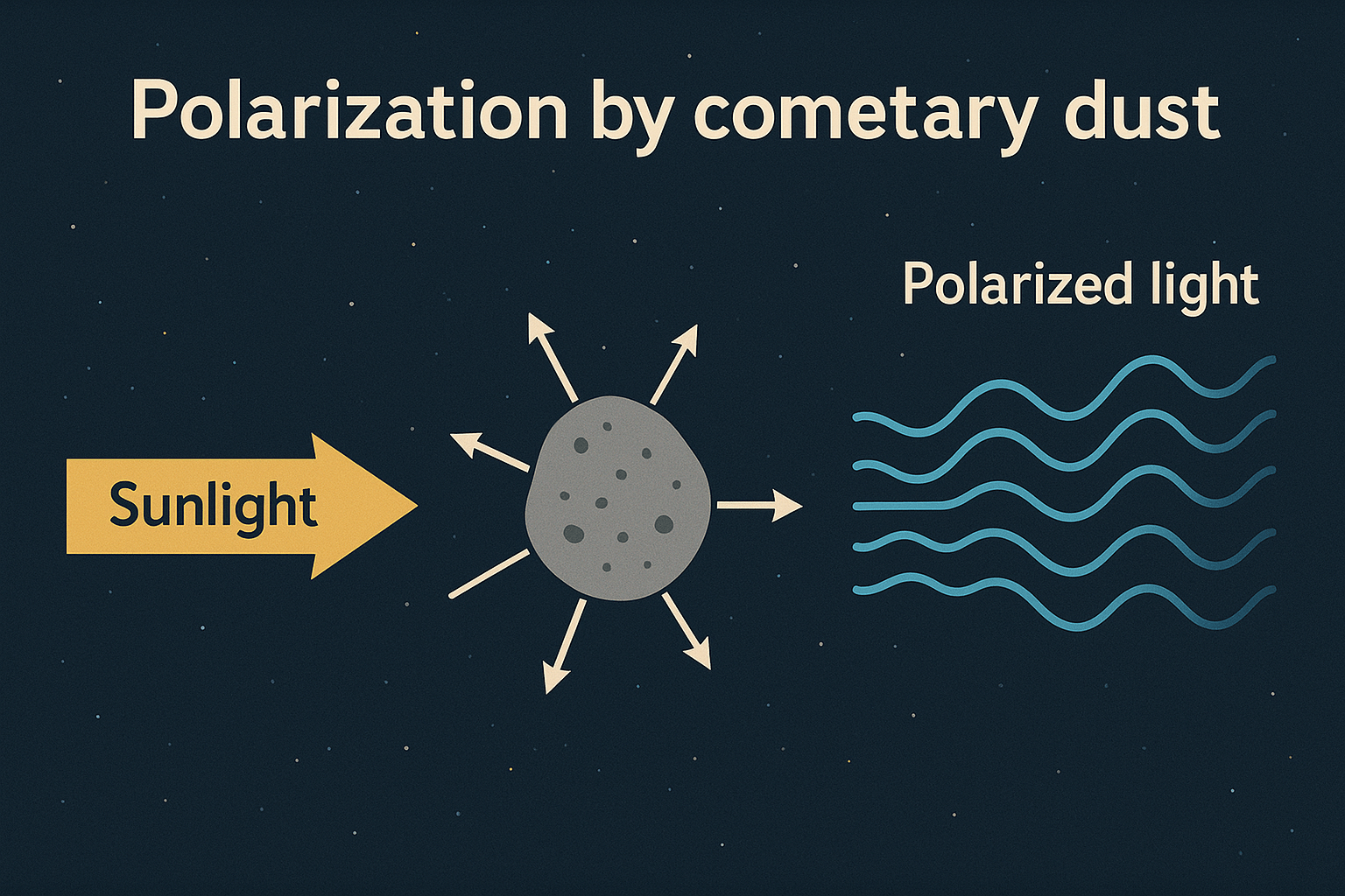 혜성 먼지에서 반사된 빛이 편광되는 과정을 설명한 개념 일러스트