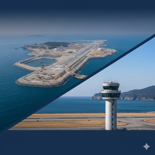 울릉공항 활주로 공사 현장과 관제탑을 상단과 하단으로 분할해 보여주는 전경 이미지