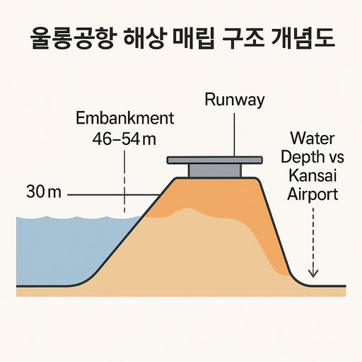 울릉공항 해상 매립 구조를 수심 30미터와 성토 높이 46~54미터로 표현한 단면 개념도