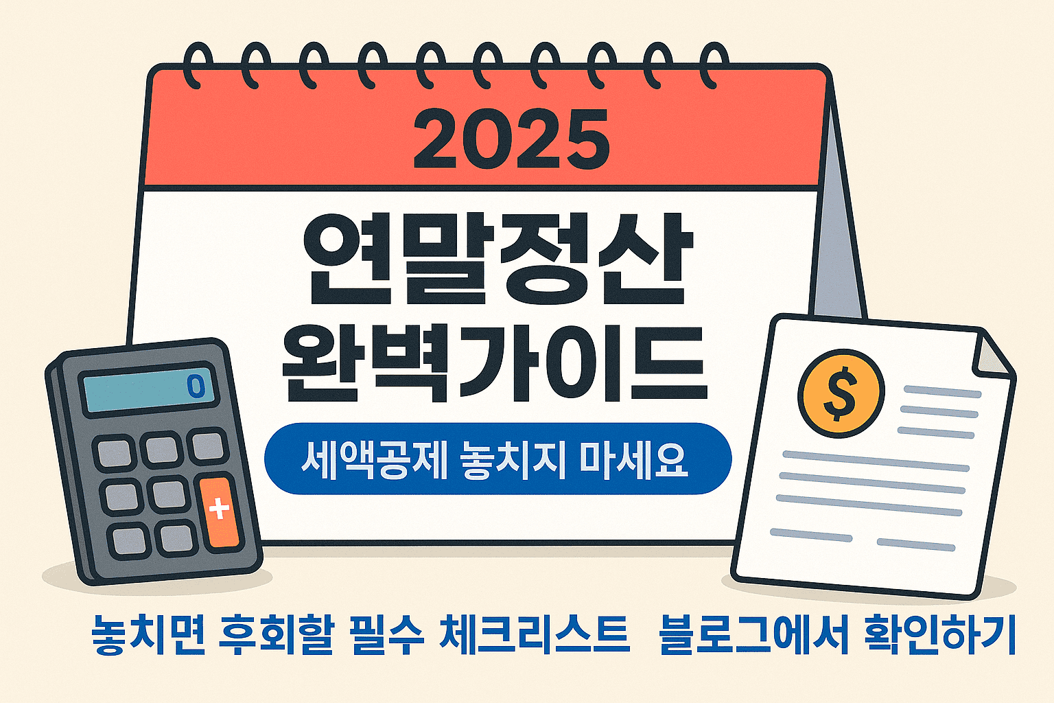 2025 연말정산 완벽가이드 제목과 계산기, 세금서류 일러스트가 포함된 블로그 배너 이미지. 따뜻한 파스텔톤 디자인
