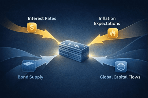 금리 외에 인플레이션, 국채 공급, 글로벌 자금 흐름이 채권 가격에 동시에 영향을 주는 구조를 표현한 그래픽