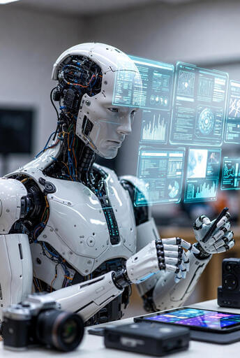 “휴머노이드 로봇이 홀로그램 인터페이스를 분석하며 작업하는 모습”