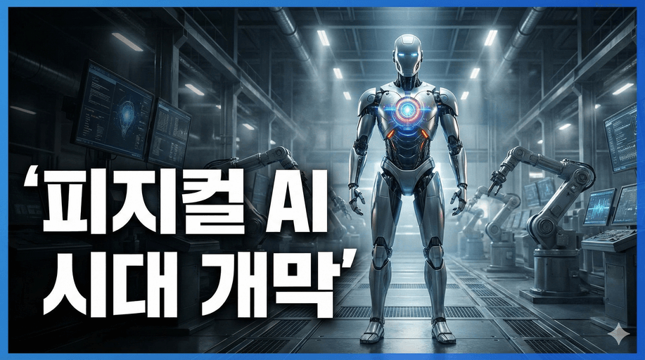 “피지컬 AI 로봇이 미래형 공장에서 서 있는 모습과 ‘피지컬 AI 시대 개막’ 텍스트가 포함된 썸네일 이미지”